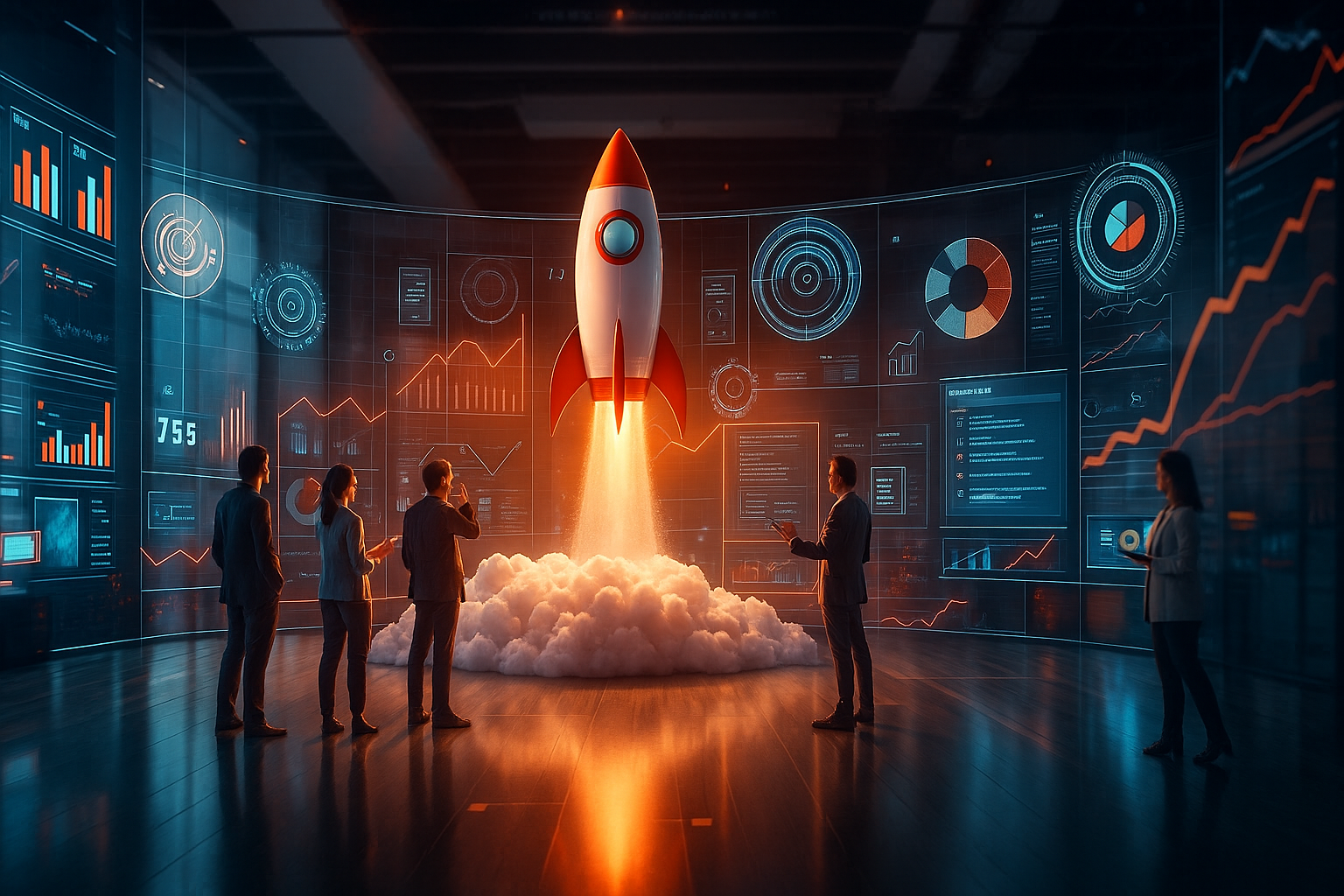 Rocket launch simulation with people observing in a futuristic control room.