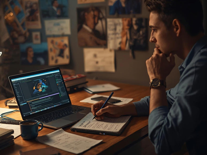 Man sitting at a desk with a laptop, pen, and notebook in a dimly lit room.