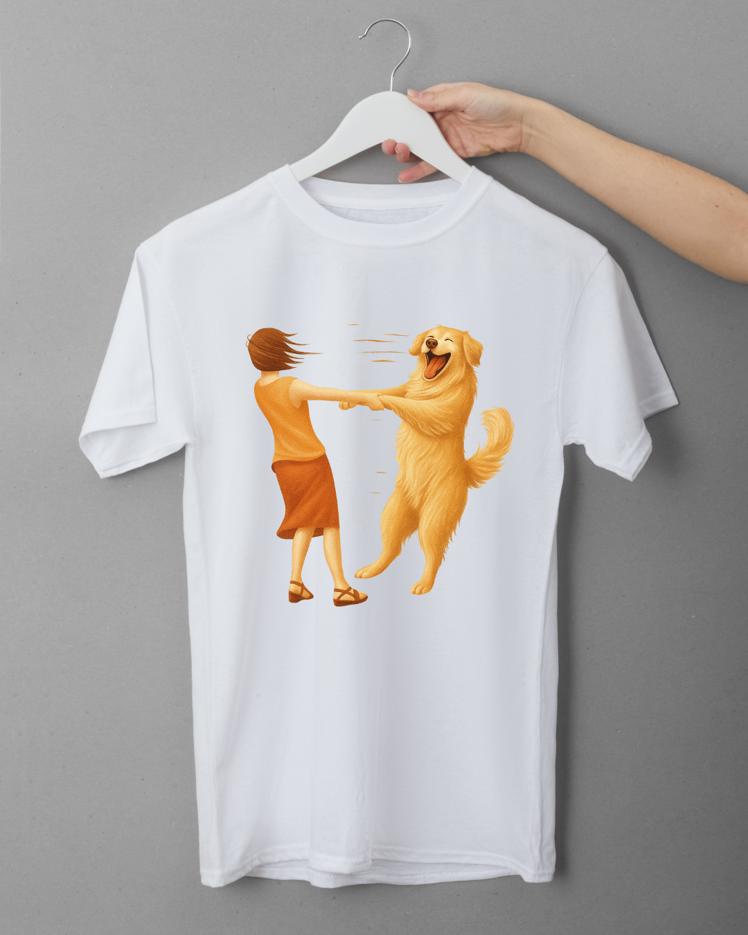 White t-shirt with a graphic of a person and a dog