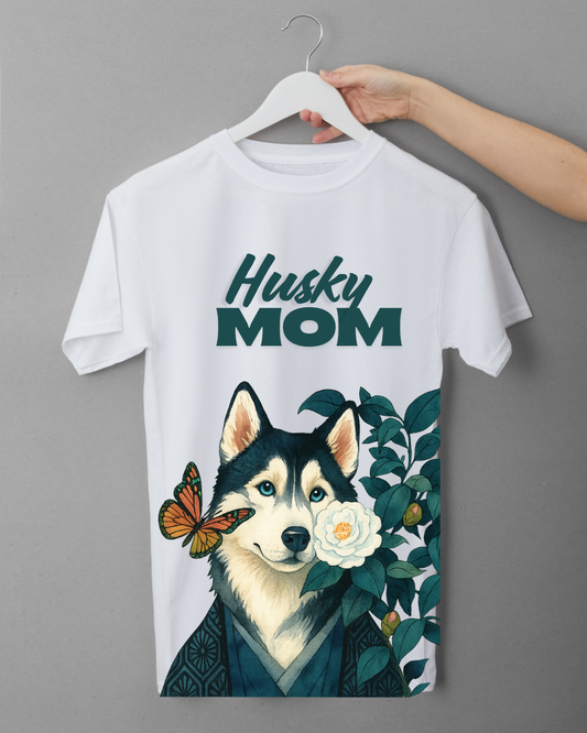 White t-shirt with a husky design