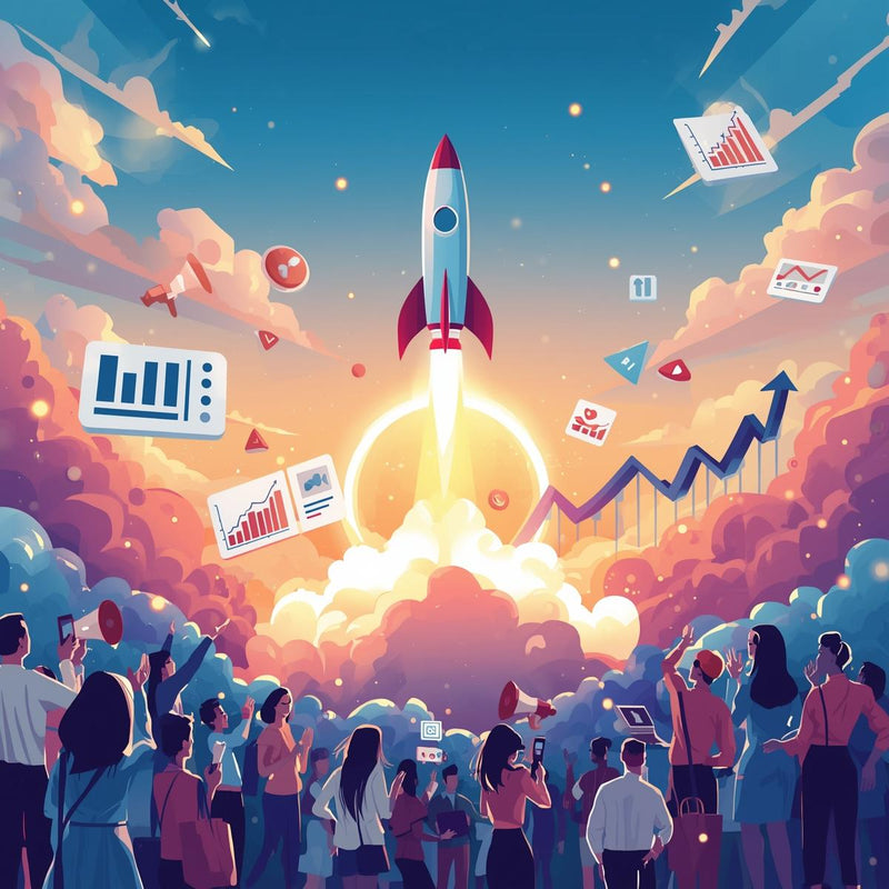 Illustration of a rocket launch with people celebrating and charts around, symbolizing success and achievement.