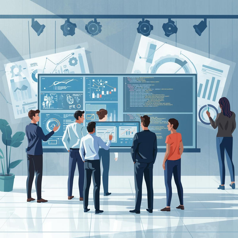 Illustration of a group of people analyzing data on a large screen in a futuristic office setting.