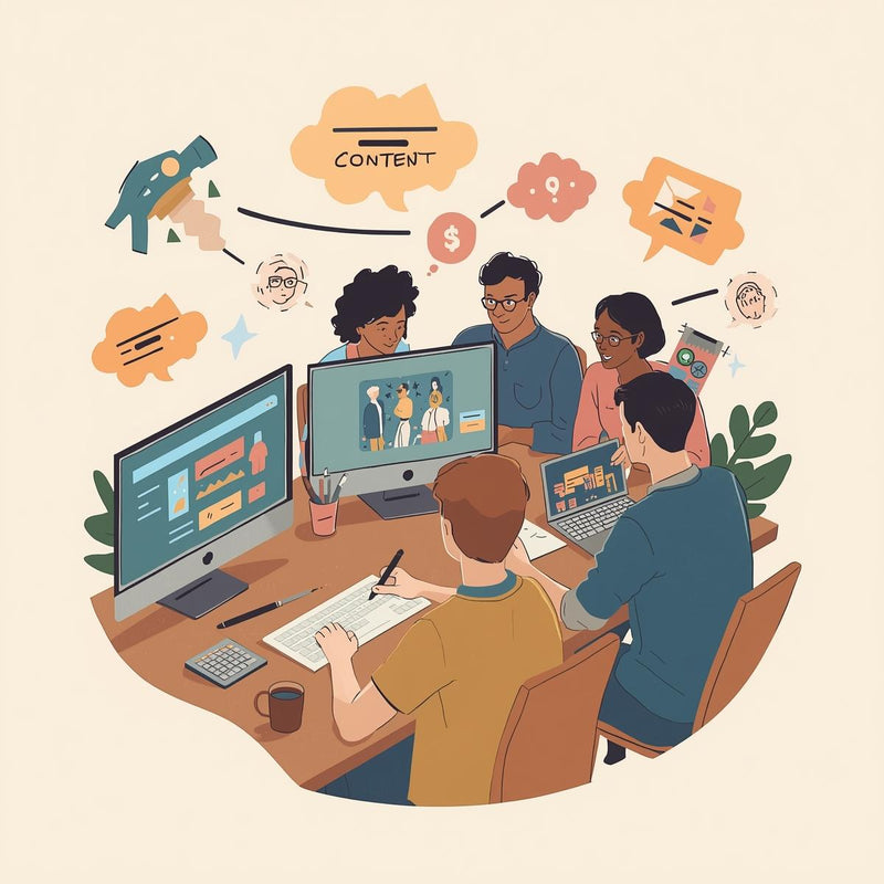 Illustration of a group of people working together on a project with computers and ideas floating above their heads.