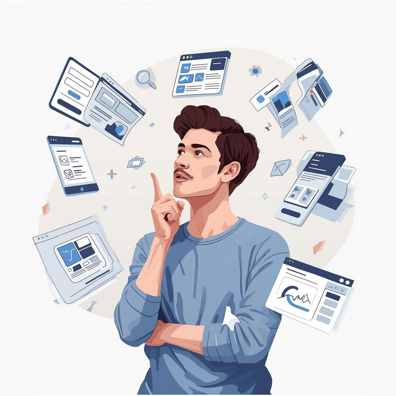 Illustration of a person thinking with multiple smartphone screens around them on a light background