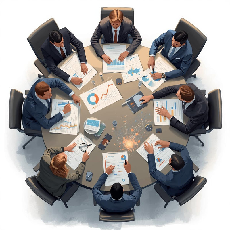 Illustration of a group of business people around a conference table with various documents and charts.