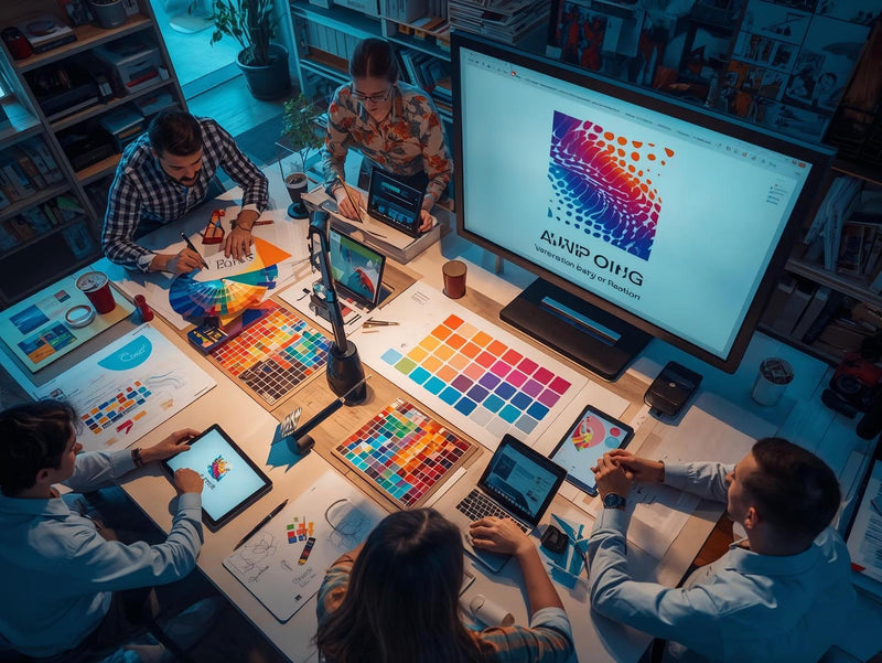 Group of people working together on design projects with multiple screens and tools