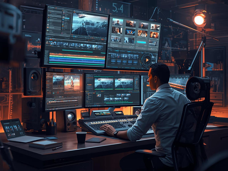 Person working at a control room with multiple monitors displaying video editing software.