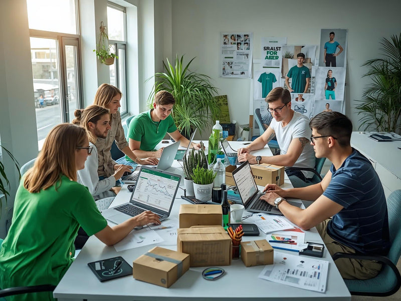Group of people working on laptops at a table with various items including plants and boxes.
