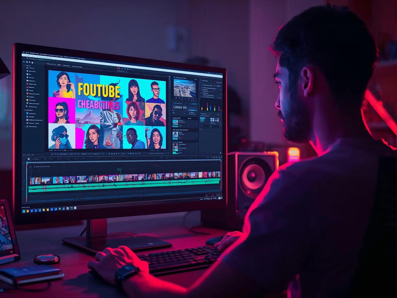Person working on video editing software on a computer in a dimly lit room.